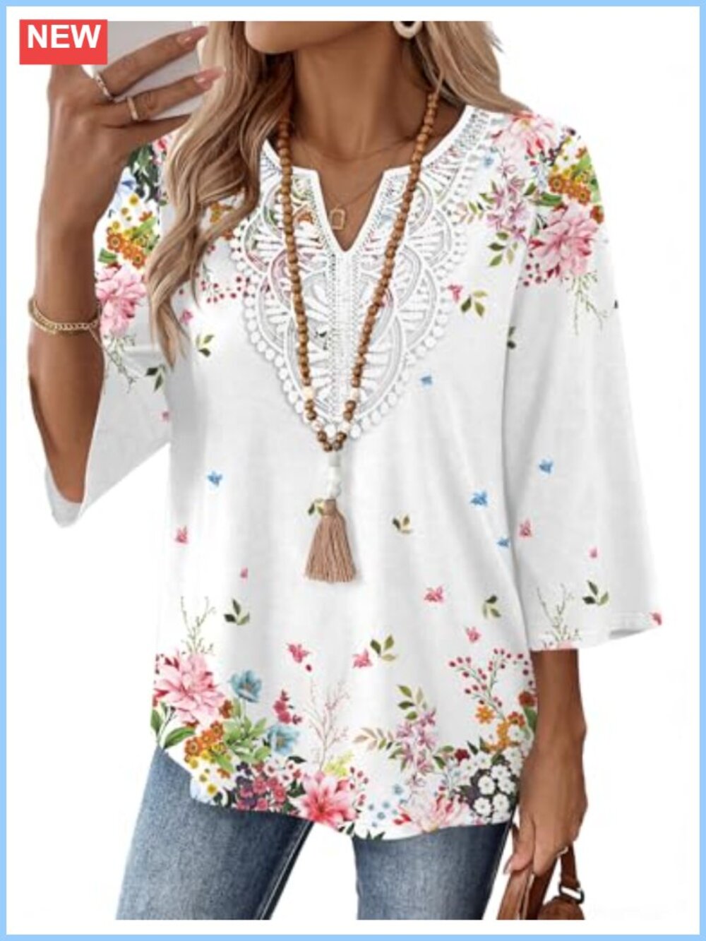 Women 3/4 Sleeve Boho V Neck Lace Top Blouse Casual Vacation Shirt